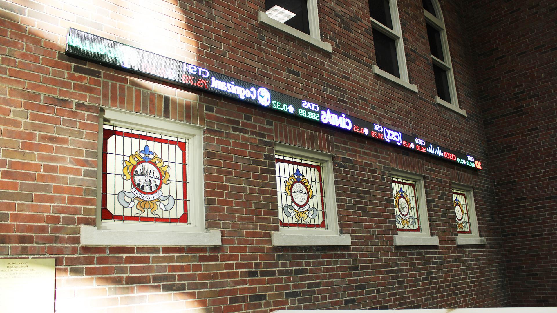 The stock ticker in the Cook Hall Atrium.